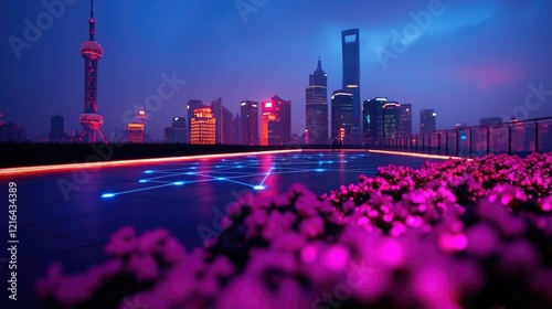 Shanghai skyline at night, rooftop view, illuminated pool, purple flowers. Use Travel, city guide