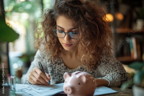 Focused woman calculating her expenses for effective financial management and budgeting photo