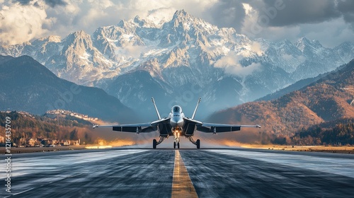 Two military fighter jets are taking off from a runway in a mountainous landscape.
