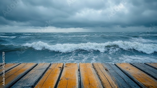 A wooden dock stretches into a turbulent ocean under a moody sky.