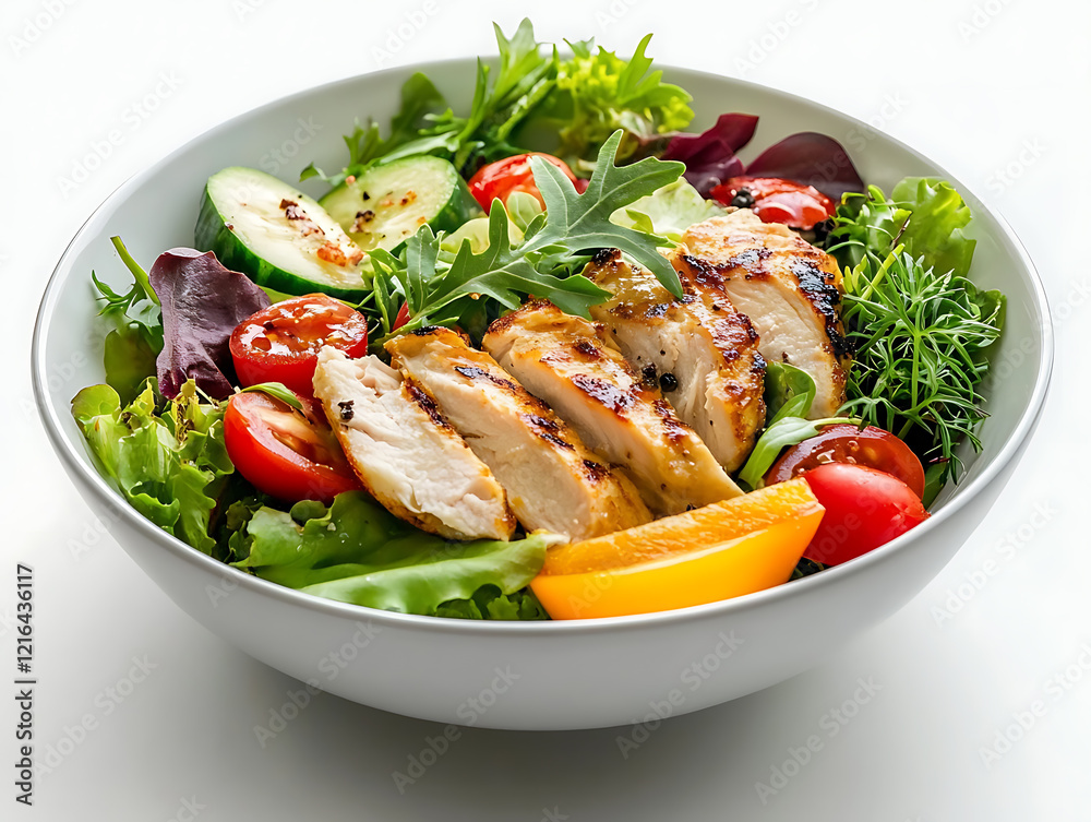 Grilled Chicken Salad Bowl: A vibrant and healthy grilled chicken salad brimming with fresh greens, juicy cherry tomatoes, crisp cucumbers, and a light vinaigrette dressing