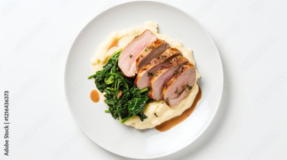 Deliciously plated roasted pork with creamy mashed potatoes and seasoned greens garnished with savory sauce Deliciously plated roasted pork with creamy mashed potatoes and seasoned greens garnished with savory sauce
