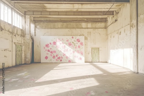 Floral mural in abandoned warehouse; sunlight streams through windows