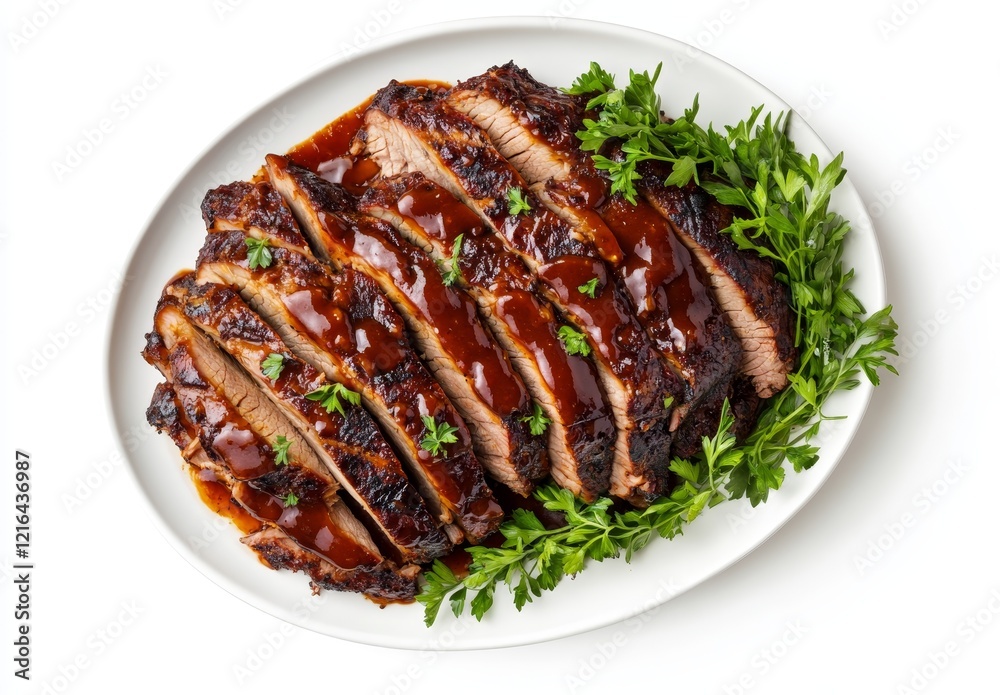 Sliced barbecue beef brisket on platter with parsley. Sliced barbecue beef brisket on platter with parsley.