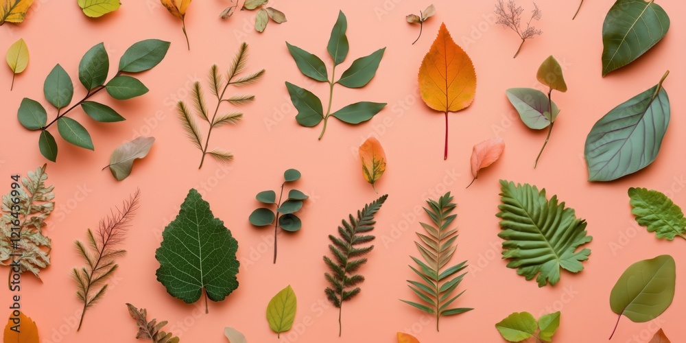 Diverse Collection of Leaves on Coral Background Featuring Various Shapes, Sizes, and Colors Diverse Collection of Leaves on Coral Background Featuring Various Shapes, Sizes, and Colors
