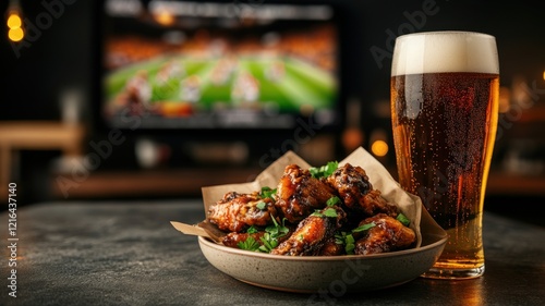 A plate of buffalo wings and glass of crafted beer standing on the table, blurry big TV screen with American football game on in background. Watching football match at home