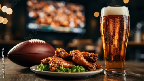 A plate of buffalo wings and glass of crafted beer and football on the table, blurry big TV screen with American football game on in background. Watching football match