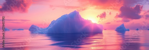 Stunning sunset over tranquil ocean with icebergs reflecting vibrant colors, serene atmosphere, natural beauty, peaceful landscape photo