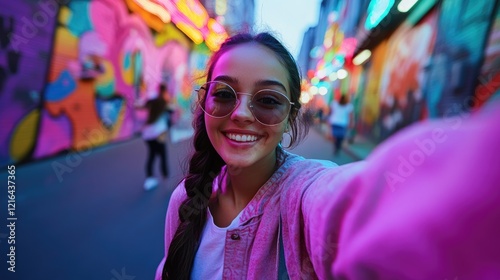 Smiling woman selfie, neon city street, fun fair background, travel blog