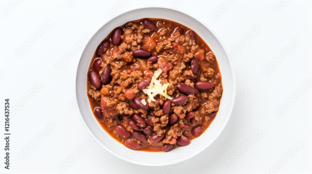 Bowl of chili with ground meat and kidney beans served in a white dish against a plain background Bowl of chili with ground meat and kidney beans served in a white dish against a plain background