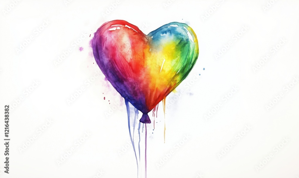 Fototapeta premium Colorful heart-shaped balloon in vibrant rainbow hues, watercolor art with dripping paint effect, symbolizing love and diversity