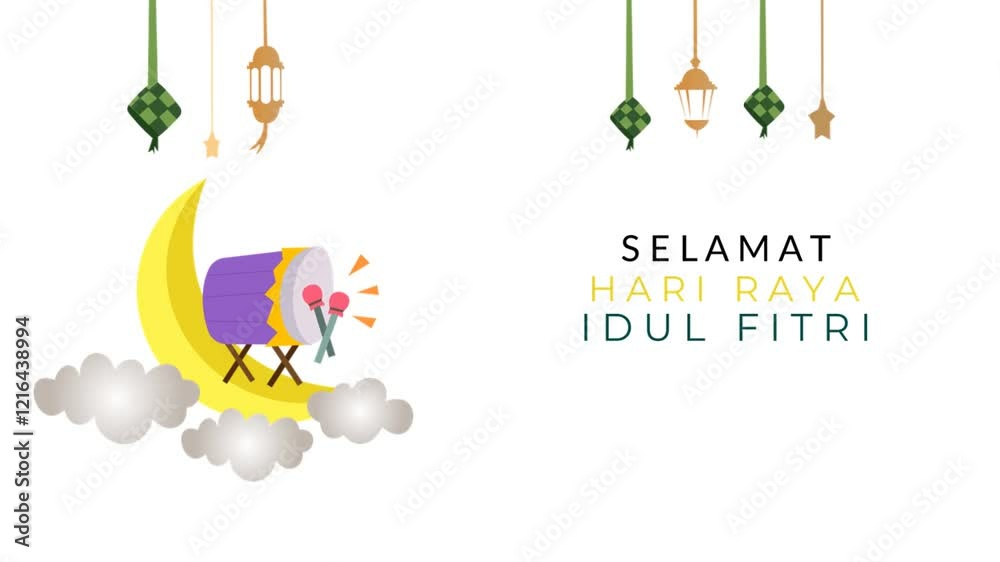 Motion graphic of flat design crescent moon and percussion for eid al fitr greeting. Eid Mubarak Celebrating. Happy Eid. Idul Fitri