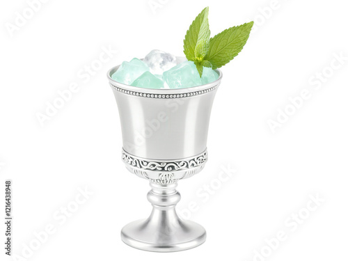 Mint Julep cocktail, icy silver cup, lush mint bouquet, amber bourbon, beads of moisture, Kentucky Derby sophistication