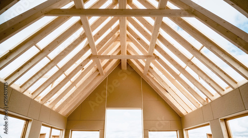 Wood framing for house construction. Wooden house structure. Building a new eco house with wood roof trusses