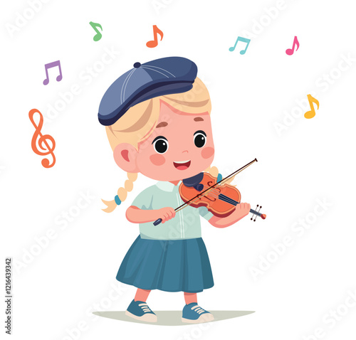 little kid play violin and feel happy	