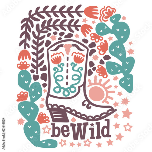 Cowgirl boots with cactus art print decoration. Vector wild west illustration for printing isolated on white background