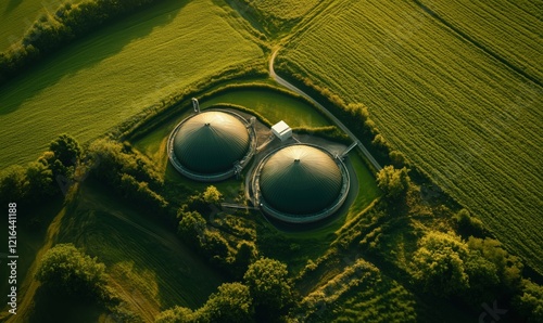 Aerial view of biogas plants surrounded by lush green fields and trees, showcasing sustainable energy production and agricultural landscape