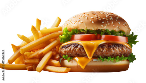 delicious burger paired with crispy French fries, served as a cut-out transparent image