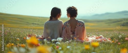 Two women picnic, sunny meadow, rolling hills. Lifestyle photo