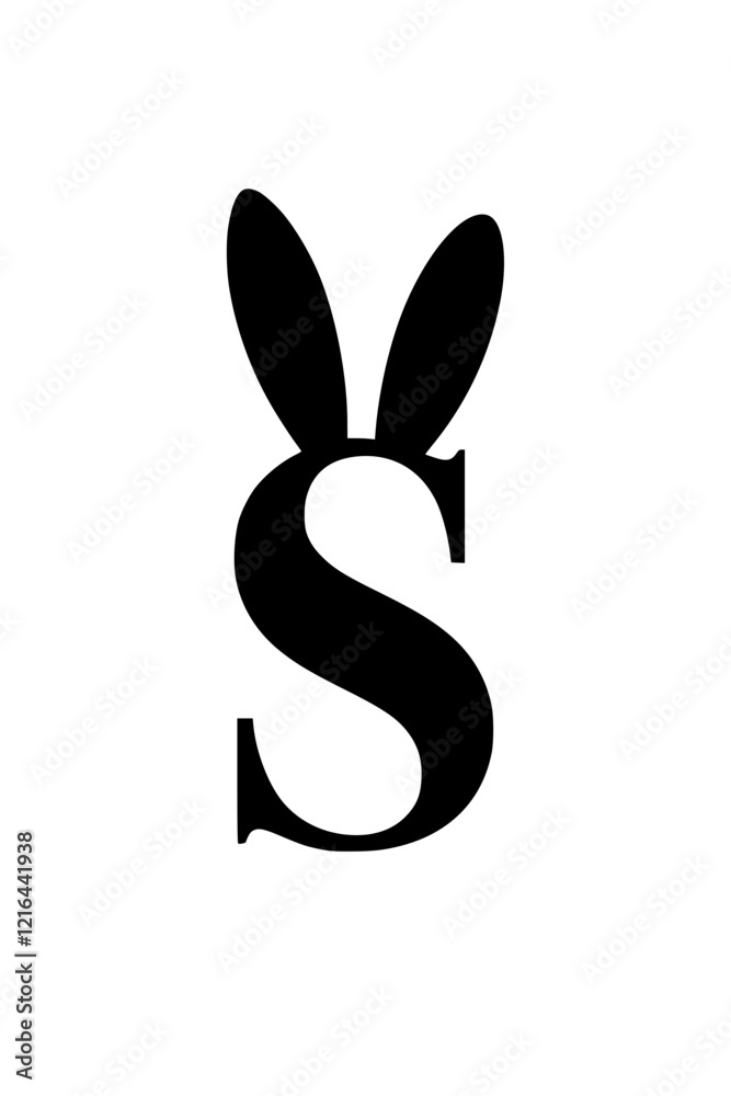 Obraz premium Letter S with bunny ears design, Stylized black letter S featuring playful rabbit ears on a white background, blending modern typography with a fun and whimsical concept. 