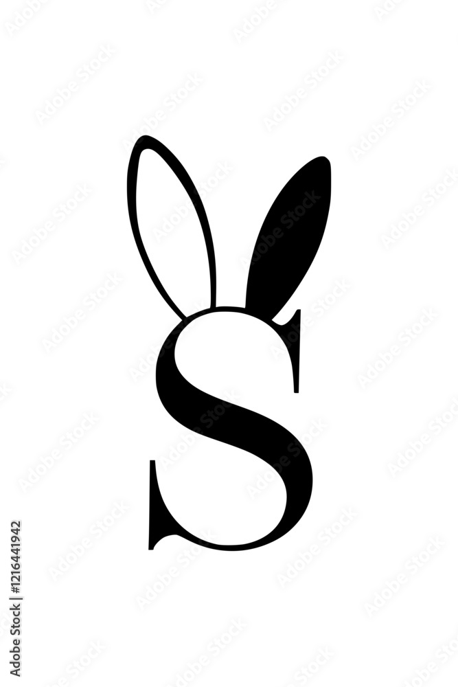 Obraz premium Letter S with bunny ears design, Stylized black letter S featuring playful rabbit ears on a white background, blending modern typography with a fun and whimsical concept. 