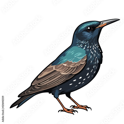 Realistic illustration of a Colorful bird perched on a branch during daylight with striking plumage and distinctive markings