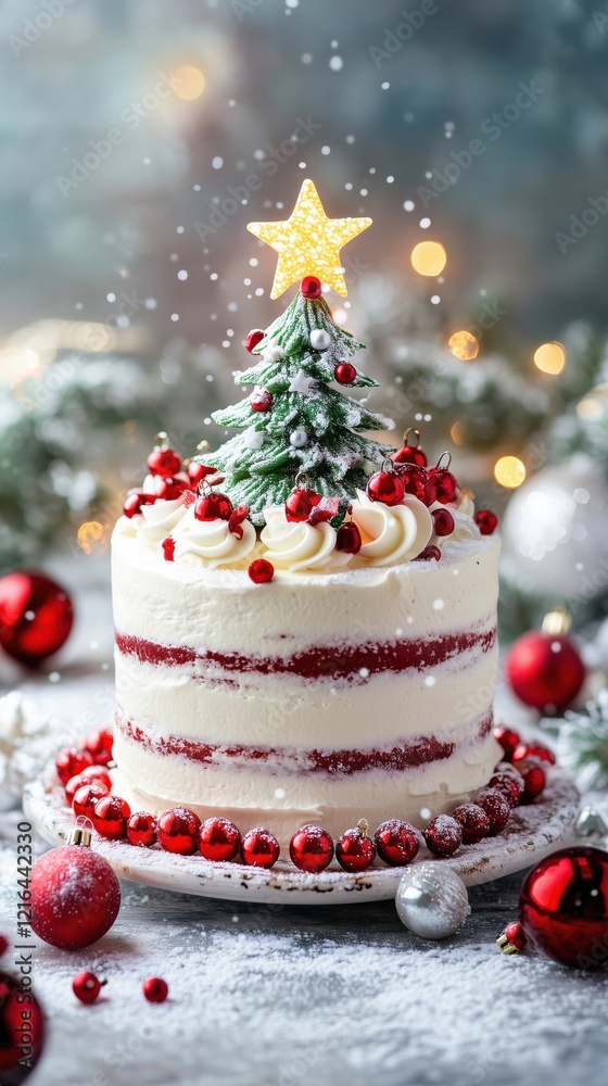 Christmas cake decorated with tree, red berries, star topper, festive ornaments, snowy background, holiday celebration Christmas cake decorated with tree, red berries, star topper, festive ornaments, snowy background, holiday celebration
