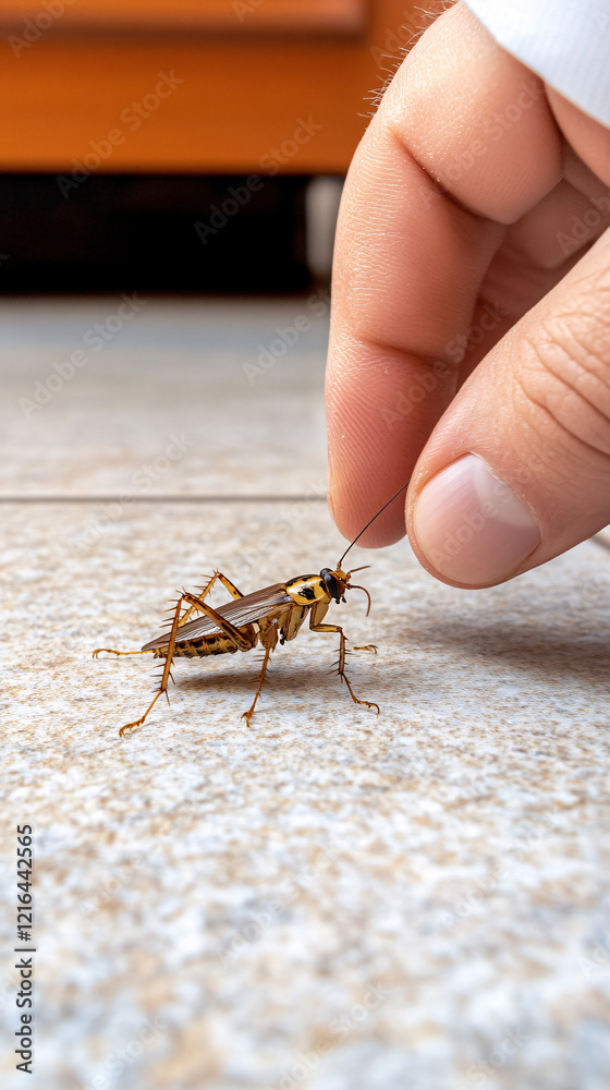Obraz premium human hand catching a cricket, pest control.