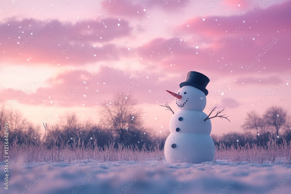 Fototapeta premium Snowman stands proudly in a snowy landscape under a colorful winter sky at sunset