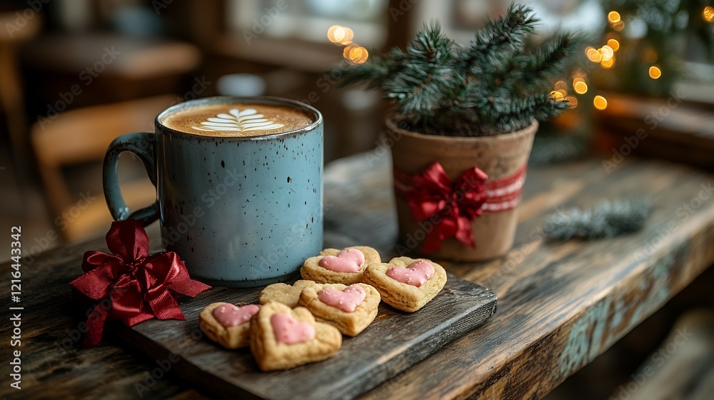Creative Valentines Day themed flat lay featuring a coffee mug with Love written on it heart shaped cookies and a small potted plant with a red bow Creative Valentines Day themed flat lay featuring a coffee mug with Love written on it heart shaped cookies and a small potted plant with a red bow