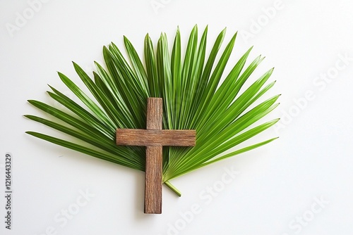 Ein Holzkreuz auf Palmblättern, Palmsonntag  photo