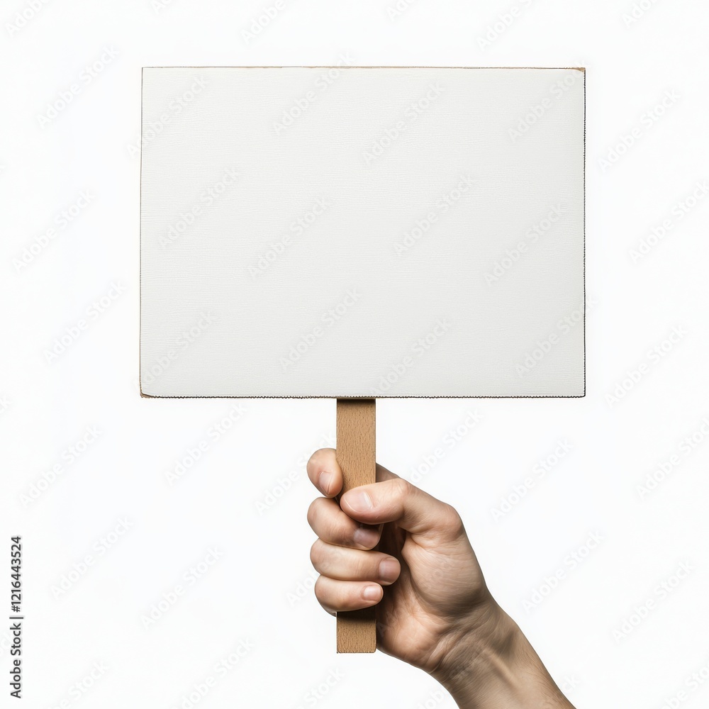 Blank Sign in Hand: A close-up shot of a hand holding a blank rectangular sign with a wooden stick, perfect for adding your own message or design. The image is clean and simple.