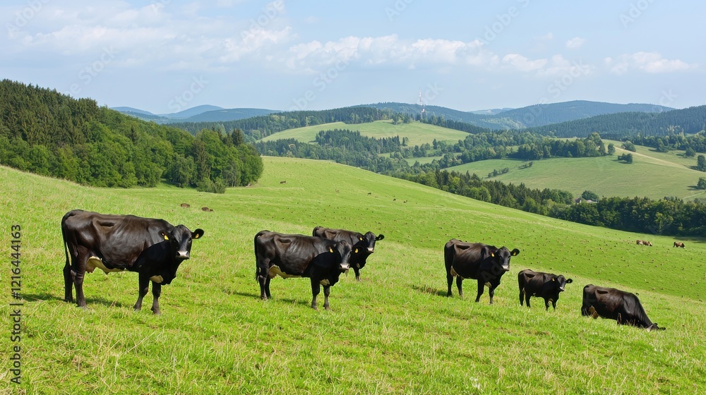 Black cows graze idyllic hillside pasture, rolling hills background, rural farming Black cows graze idyllic hillside pasture, rolling hills background, rural farming
