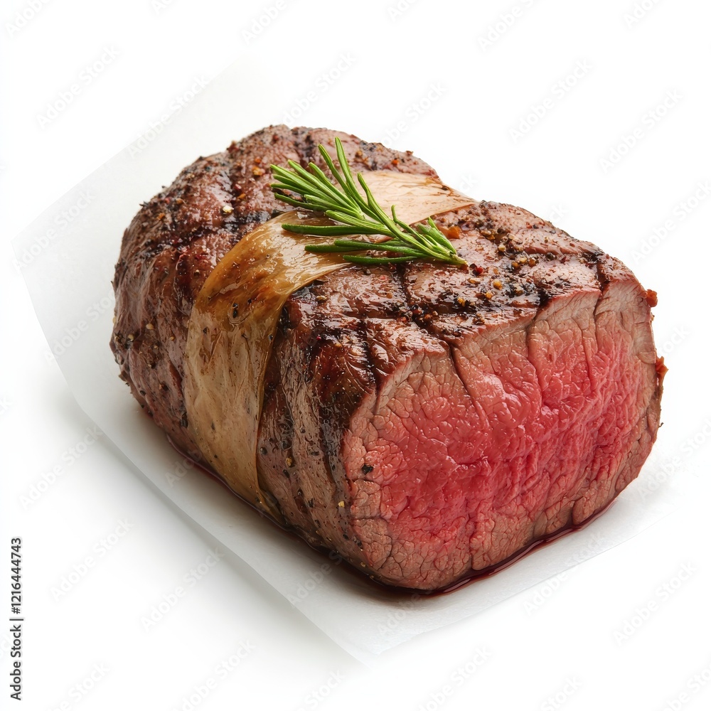 Roasted Beef Tenderloin: A succulent, perfectly roasted beef tenderloin, tied with twine and garnished with a sprig of rosemary, rests on a parchment paper. The rich, reddish-pink interior is visible. Roasted Beef Tenderloin: A succulent, perfectly roasted beef tenderloin, tied with twine and garnished with a sprig of rosemary, rests on a parchment paper. The rich, reddish-pink interior is visible.