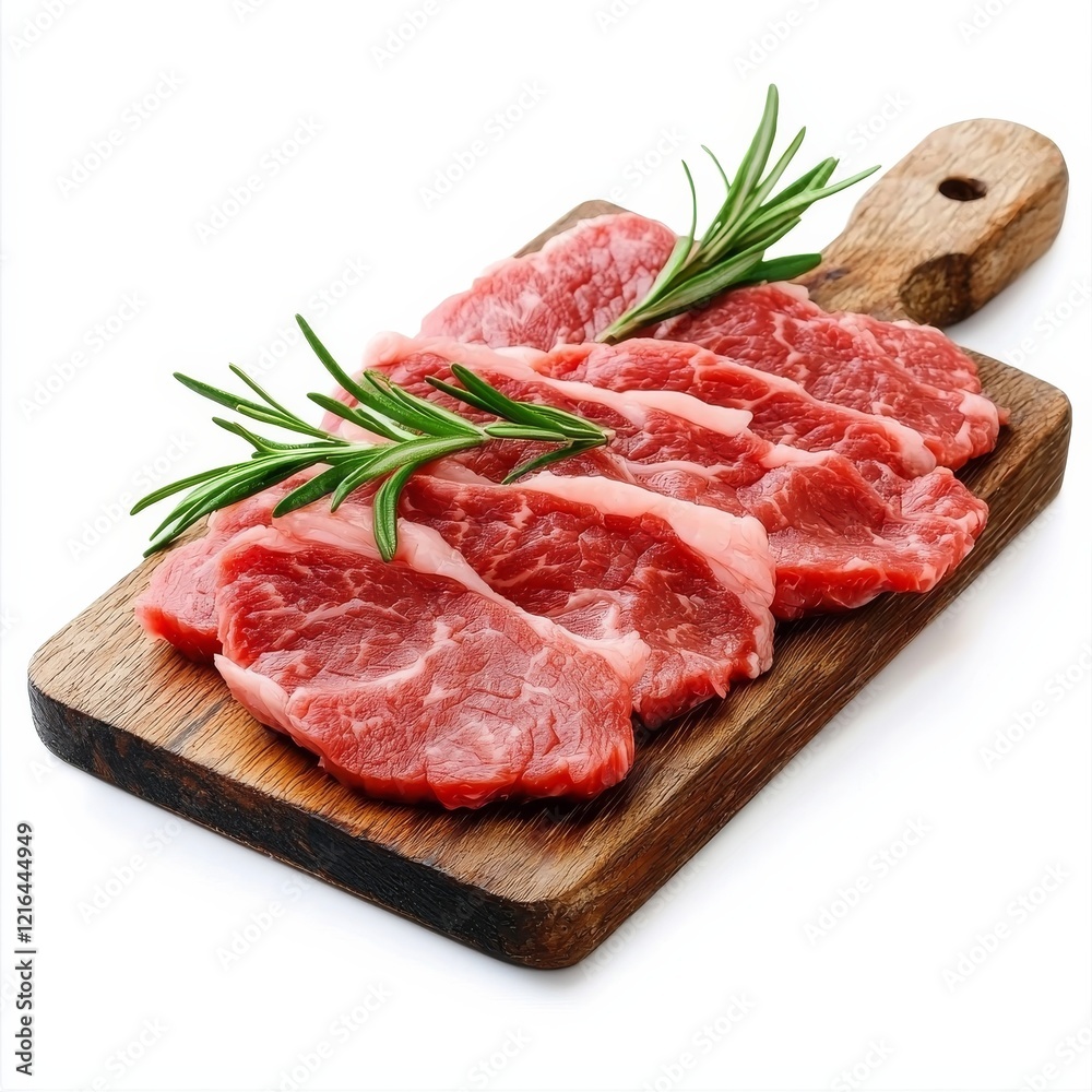Fresh Beef Steaks: A tempting arrangement of raw beef steaks on a rustic wooden cutting board, adorned with sprigs of fragrant rosemary. Fresh Beef Steaks: A tempting arrangement of raw beef steaks on a rustic wooden cutting board, adorned with sprigs of fragrant rosemary.