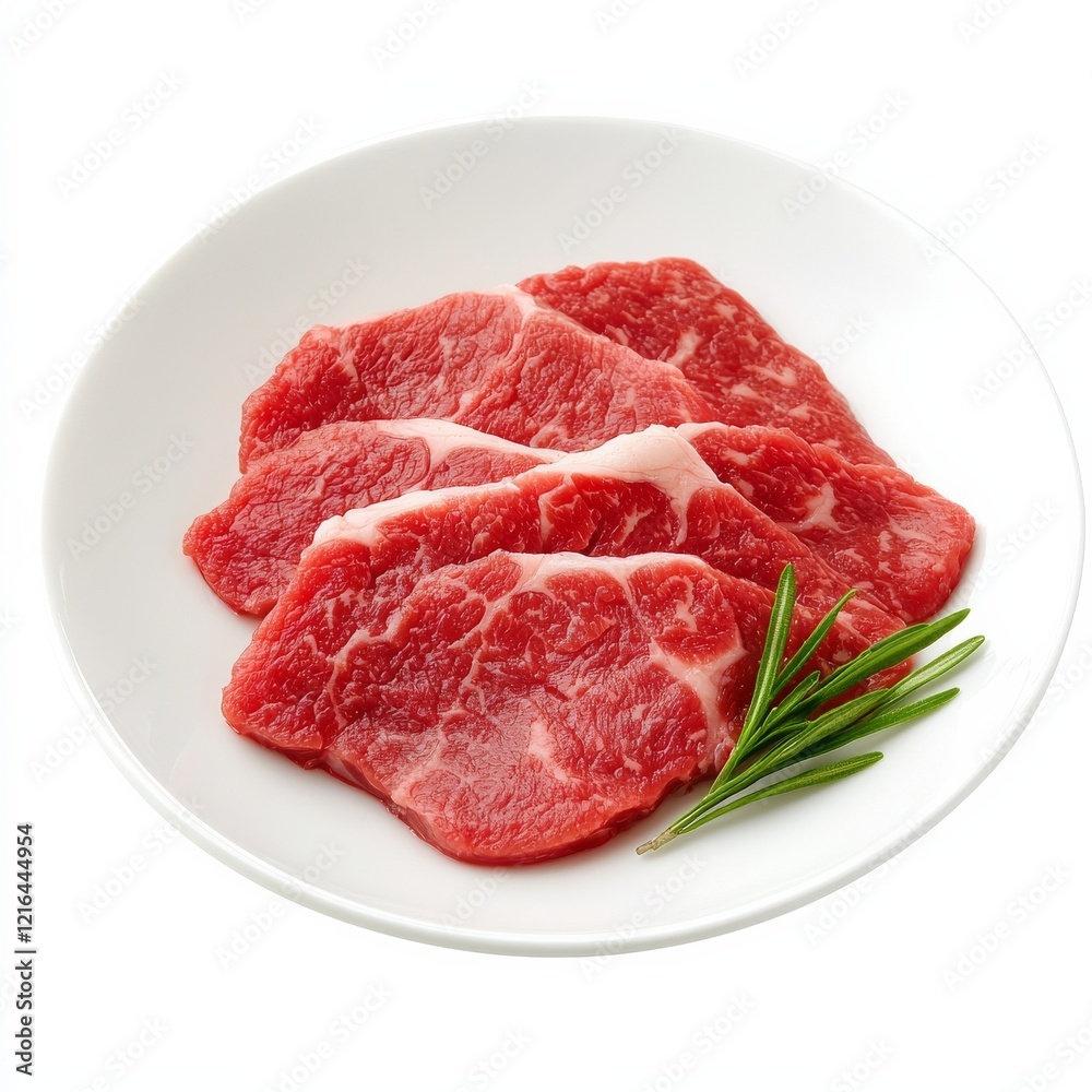 Sliced Beef on Plate: Fresh, raw slices of marbled beef arranged on a plate, garnished with a sprig of rosemary, ready for grilling or pan-frying. Sliced Beef on Plate: Fresh, raw slices of marbled beef arranged on a plate, garnished with a sprig of rosemary, ready for grilling or pan-frying.