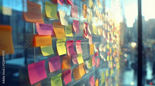 Sticky Note Post It Board Office. Business people meeting at office and use post it notes to share idea. Brainstorming concept. Sticky note on glass wall or blackboard. Set of colorful blank notes. 