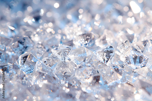 Close-up of clear gemstones, displaying their shimmering surfaces and intricate reflections in soft light. photo