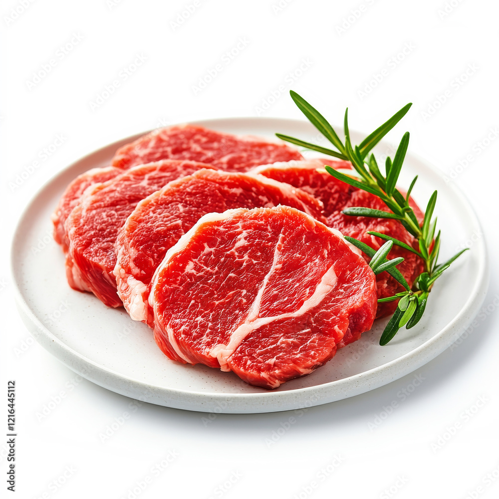 Fresh Beef Steaks with Rosemary: Close-up shot of raw, succulent beef steaks arranged on a plate with sprigs of fresh rosemary, ready for grilling or pan-frying. The vibrant red color of the meat. Fresh Beef Steaks with Rosemary: Close-up shot of raw, succulent beef steaks arranged on a plate with sprigs of fresh rosemary, ready for grilling or pan-frying. The vibrant red color of the meat.