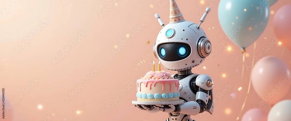 Obraz premium Cute Robot Holding Birthday Cake with Balloons