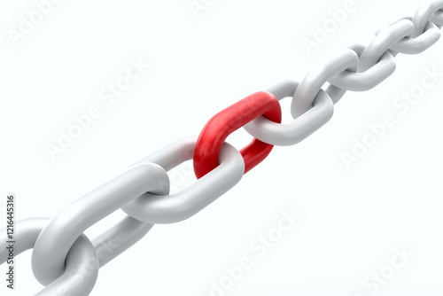 Obraz na płótnie Close-up of white chain with one red link, symbolizing connection, strength, and uniqueness, set against clean white background, 3d rendering w salonie