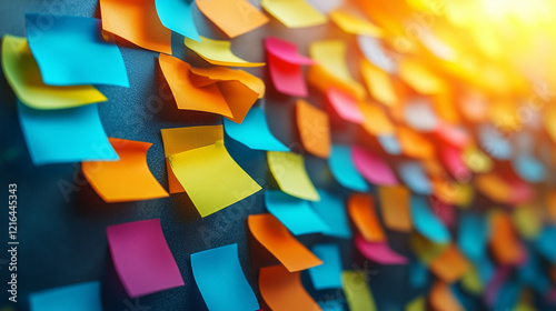 Sticky Note Post It Board Office. Business people meeting at office and use post it notes to share idea. Brainstorming concept. Sticky note on glass wall or blackboard. Set of colorful blank notes. 
