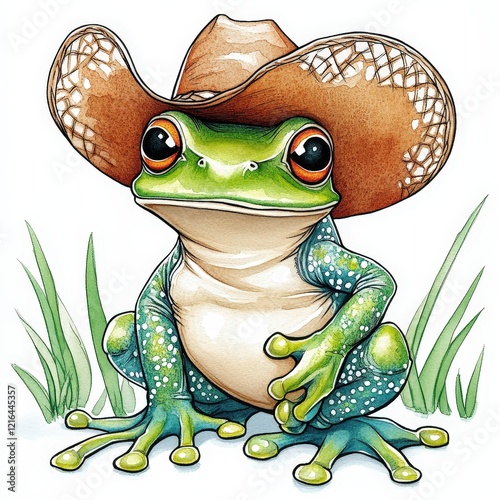 Playful Green Frog Wearing a Brown Cowboy Hat in Bright Grass