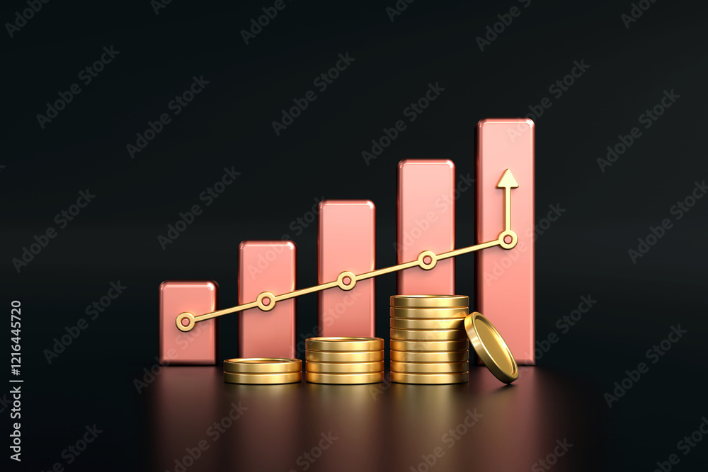 Golden Growth, bar graph with gold arrow indicating upward growth, symbolizing success, financial stability, and increasing profits, graph on black background, 3d rendering