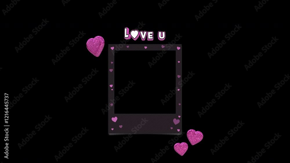 Love U Valentine's Day Title Loop On Dark Instant Photo Frame With 3D Floating Hearts On Alpha Background
