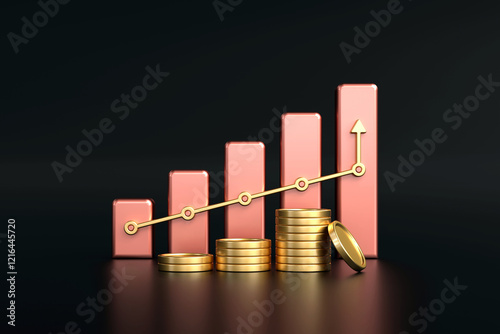 Obraz na płótnie Golden Growth, bar graph with gold arrow indicating upward growth, symbolizing success, financial stability, and increasing profits, graph on black background, 3d rendering w salonie