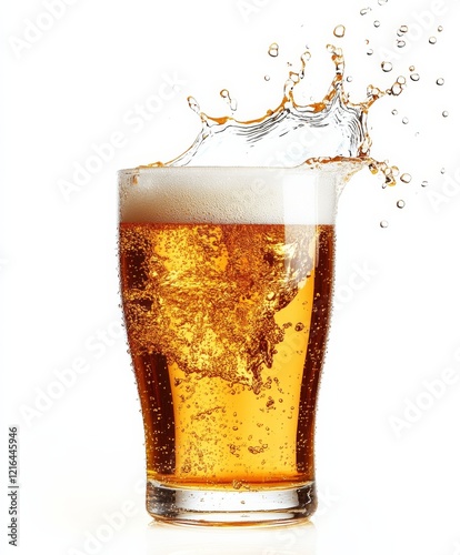 Refreshing Beer Splash: A pint of golden beer with a dynamic splash, capturing the effervescence and refreshment of a crisp, cold drink.  photo