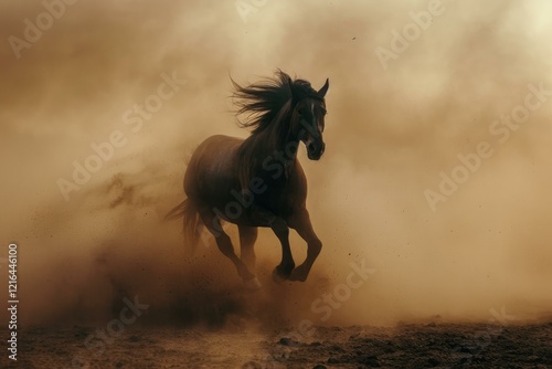 Powerful black horse running through a dusty landscape at sunset, creating a dramatic scene of freedom and energy