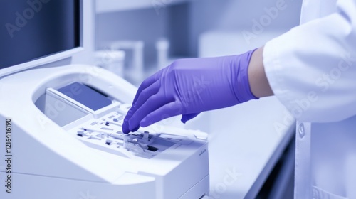 A close-up of a laboratory technician working with an advanced spectrophotometer in a clean, high-tech lab setting, Scientific style photo