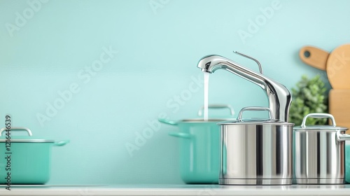 Chrome faucet with a double-jointed spout, ideal for filling large pots in a kitchen photo